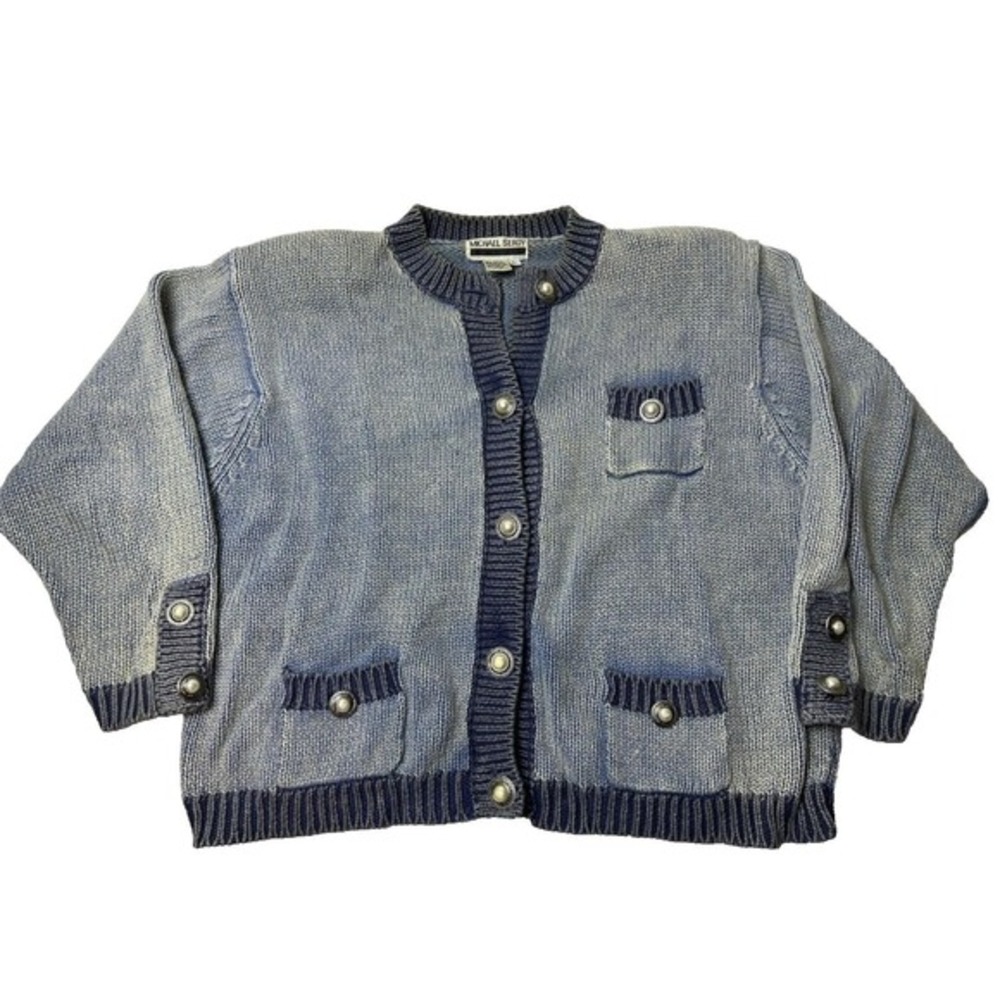 MICHAEL SEROY WEATHERED CHAMBRAY INDIGO‎ TRIM CARDIGAN POCKETS SZ L Cropped KC